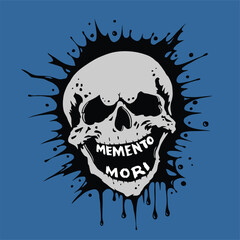 The skull has text instead of teeth - Memento Mori. Vector illustration isolated on blue. Laughing human skull in tattoo style.
