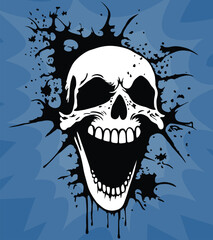 Cheerful skull in tattoo style. Vector illustration on a blue gradient background. Screaming human skull.