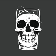 Vector illustration isolated in gray. Human skull inside a glass of alcohol. Concept: Alcoholism, Death, Addiction, Suicide.