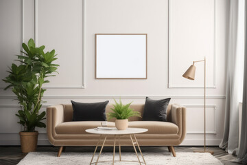 Scandinavian Living Room Elegance with Blank Poster Frame and Lush Greenery
