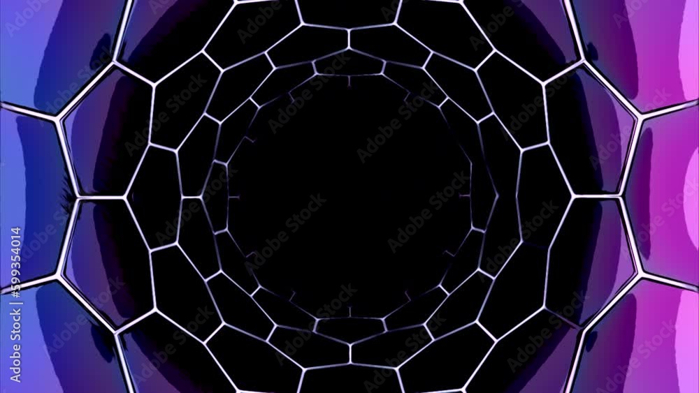 Poster abstract sci fi tunnel of spider web on a black background. design. hexagonal corridor with neon lin