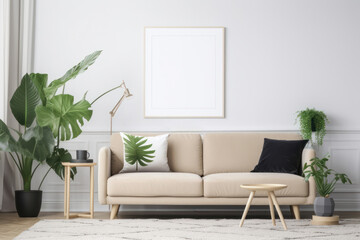 Scandinavian Living Room Elegance with Blank Poster Frame and Lush Greenery