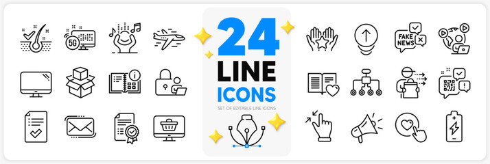 Fototapeta na wymiar Icons set of Lock, Web shop and 5g internet line icons pack for app with Like button, Messenger mail, Video conference thin outline icon. Battery charging, Computer, Ranking pictogram. Vector