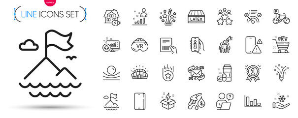 Pack of Brand ambassador, Phone and Latex mattress line icons. Include E-mail, Bicycle parking, Phone warning pictogram icons. Online question, No internet, Medical drugs signs. Vr. Vector