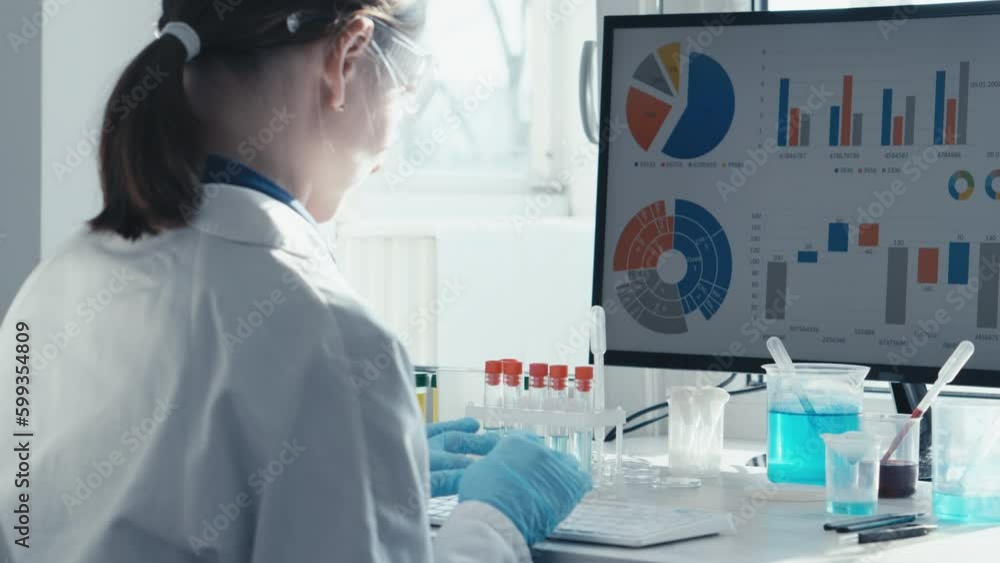 Poster Laboratory work on the analysis of microbiological samples in a medical laboratory to detect statistics of infectious diseases and control them. Laboratory assistant behind a computer screen.