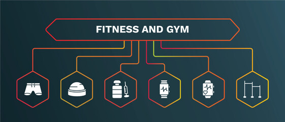 set of fitness and gym white filled icons. fitness and gym filled icons with infographic template. flat icons such as bosu ball, steroids, fitness watch, pulsometer, horizontal bar vector.