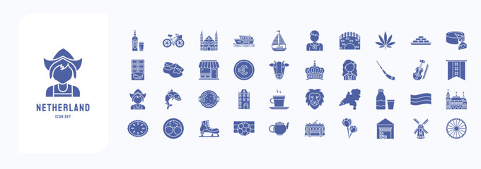 A collection sheet of solid icons for Netherland, including icons like Beer, Bicycle, Canal, Boat and more
