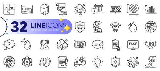 Outline set of Calendar, Atom and Clipboard line icons for web with Voicemail, Diagram graph, Fake news thin icon. Sodium mineral, 5g wifi, Medical shield pictogram icon. Vector