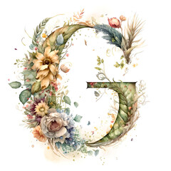 A watercolor letter "G" featuring intricate floral designs and delicate brushstrokes, capturing the essence of a flourishing garden in full bloom.