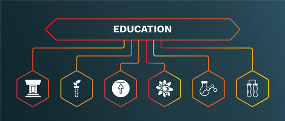 set of education white filled icons. education filled icons with infographic template. flat icons such as plant sample, top, photon, chemical content, communicating vessels vector.
