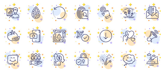 Outline set of Presentation board, Artificial colors and Security lock line icons for web app. Include Smile, Boat fishing, Fireworks rocket pictogram icons. Credit card, Money transfer. Vector