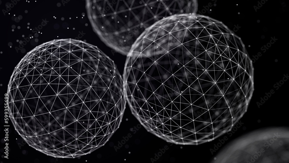 Poster Abstract spheres with connected dots and lines. Illustration with elements of viruses, bacteria on a dark background. 3d