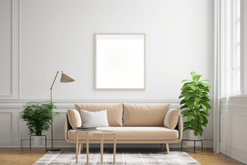 Chic Nordic Living Space with Empty Frame and Verdant Accents