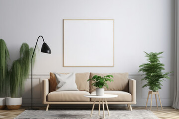 Contemporary Scandinavian Interior with Blank Art Frame and Botanical Elements