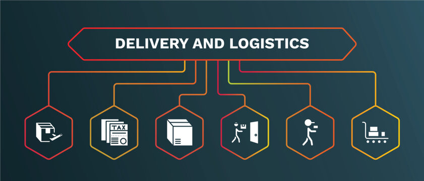 set of delivery and logistics white filled icons. delivery and logistics filled icons with infographic template. flat icons such as tax free, packages, delivery door, courier, cart vector.