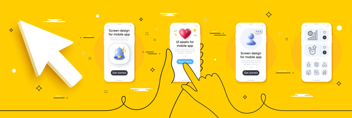 Compliance, Time management and Vaccination announcement line icons pack. Phone screen mockup with 3d alert bell, health and headshot. Vector