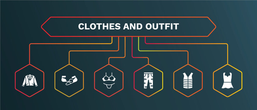 set of clothes and outfit white filled icons. clothes and outfit filled icons with infographic template. flat icons such as ballets flats, lingerine, boyfriend low jean, padded vest, peplum top