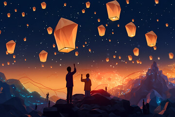 Beautiful Generative AI Khom Loy and Khom Fai Sky Lanterns 