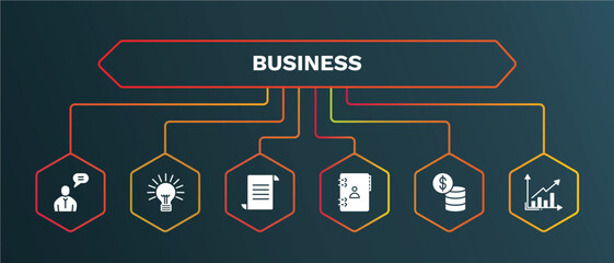 set of business white filled icons. business filled icons with infographic template. flat icons such as round light bulb, paper graphic, address book, dollar coins stack, graphs vector.