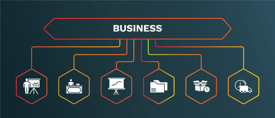 set of business white filled icons. business filled icons with infographic template. flat icons such as director desk, graphic panel, two folders, empty box, logistic vector.