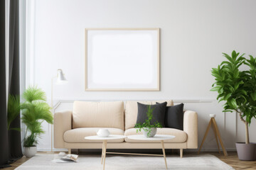 Contemporary Scandinavian Interior with Blank Art Frame and Botanical Elements