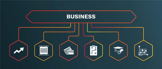 set of business white filled icons. business filled icons with infographic template. flat icons such as basic burger, bank card, tactic, graduation ceremony, tones vector.