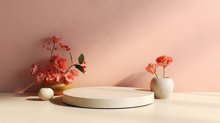 Minimal product display podium with beautiful flowers background. Generative AI