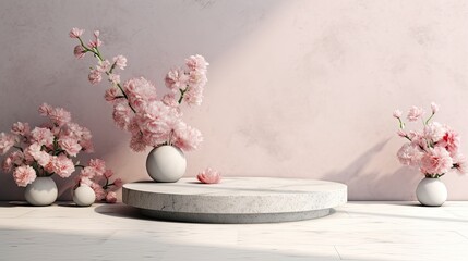 Minimal product display podium with beautiful flowers background. Generative AI