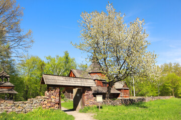 Church of St. Nicholas from the village of Zelenoe (Podolia) in skansen Pirogovo in spring time in Kyiv, Ukraine