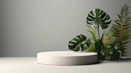 Stone podium for product presentation with tropical leaves background. Generative AI