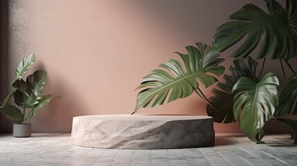 Minimal product display podium with tropical leaves background. Generative AI