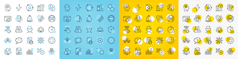 Vector icons set of Tutorials, Chemistry lab and Question mark line icons pack for web with Fake news, Mental health, Documents box outline icon. Report, Fitness, Medicine price pictogram. Vector