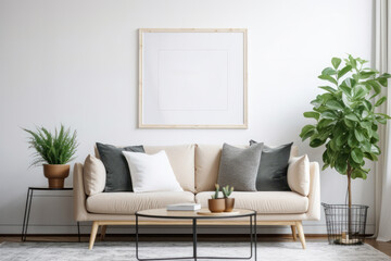 Sleek Nordic Living Area with Unfilled Picture Frame and Flourishing Foliage
