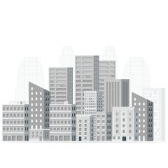 Vector illustration in simple minimal geometric flat style - city landscape with buildings. Light gray cityscape background. City buildings with trees at park view. Monochrome urban landscape.