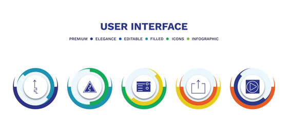 set of user interface filled icons. user interface filled icons with infographic template. flat icons such as arrow heading up, curvy road warning, make, export button, play video button vector.