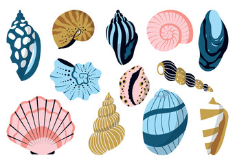 Sea shell, sink cartoon set. Ocean exotic underwater seashell conch aquatic mollusk, sea spiral snail, marine starfish collection. Tropical beach shells nature aquatic water flat design illustration - obrazy, fototapety, plakaty
