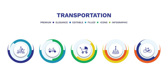 set of transportation filled icons. transportation filled icons with infographic template. flat icons such as boating, go kart, baby trolley, gearshift, bicycle side view vector.