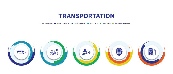 set of transportation filled icons. transportation filled icons with infographic template. flat icons such as long car, bicycle rental, car painting, tram stop, petrol station vector.