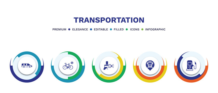 set of transportation filled icons. transportation filled icons with infographic template. flat icons such as long car, bicycle rental, car painting, tram stop, petrol station vector.