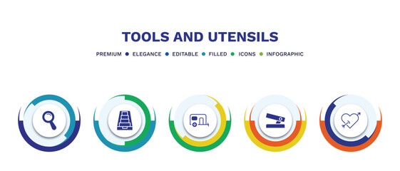 set of tools and utensils filled icons. tools and utensils filled icons with infographic template. flat icons such as magnifier, tray for papers, house on wheels, hole puncher, tattoo vector.
