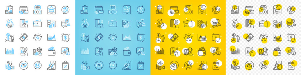 Vector icons set of Payment message, Bid offer and Report line icons pack for web with Fraud, Card, Contactless payment outline icon. Bar diagram, No cash, Bitcoin pictogram. Hot loan. Vector