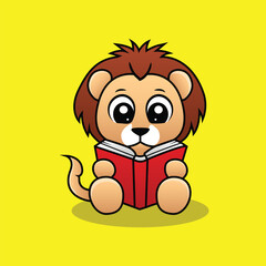Vector cute baby lion reading book mascot illustration, cartoon, study, knowledge
