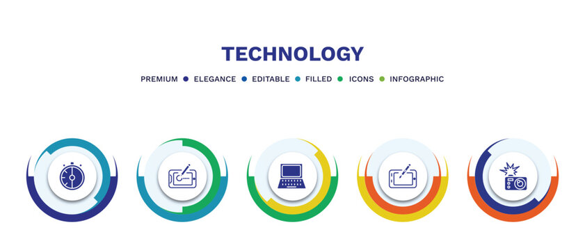 set of technology filled icons. technology filled icons with infographic template. flat icons such as half hour, drawing tablet, open laptop, digital pen, camera flash vector.