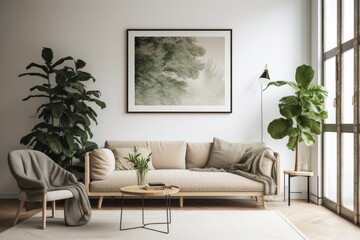 Scandinavian Living Quarters with Blank Canvas Frame and Lively Greenery