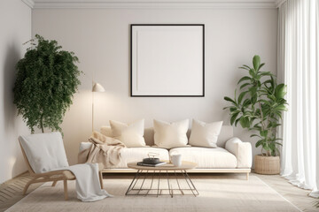 Fototapeta premium Scandinavian Living Quarters with Blank Canvas Frame and Lively Greenery