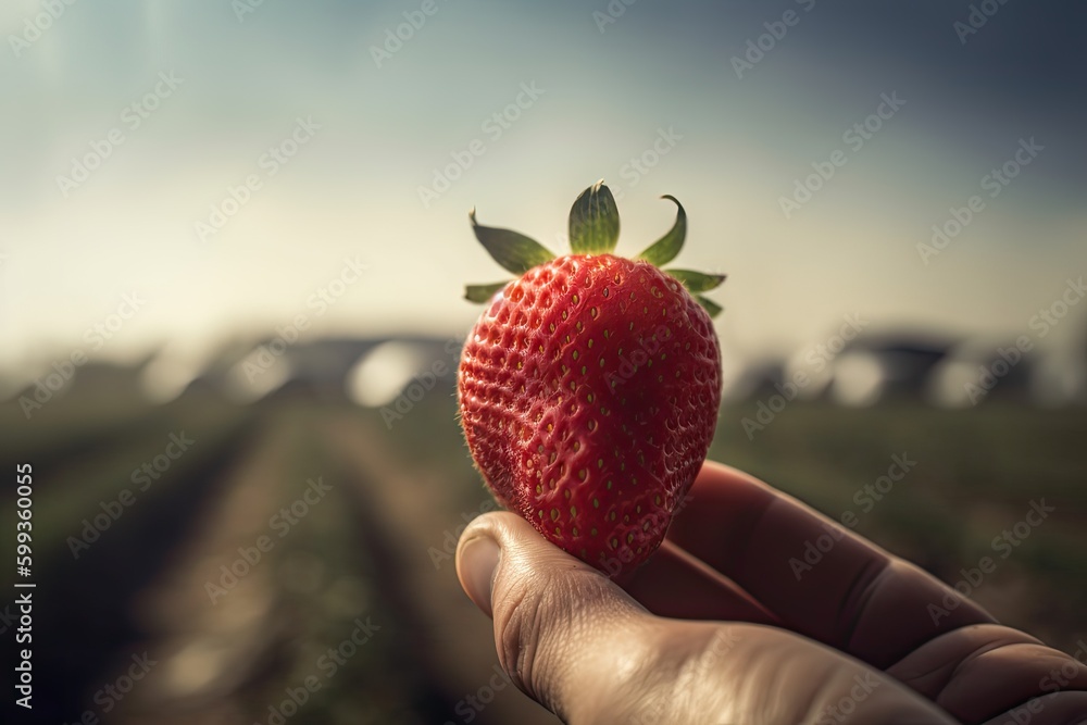 Aufkleber strawberry in hand on background isolation created with generative ai technology