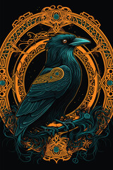 Turquoise crow and retro pattern background. vector illustration