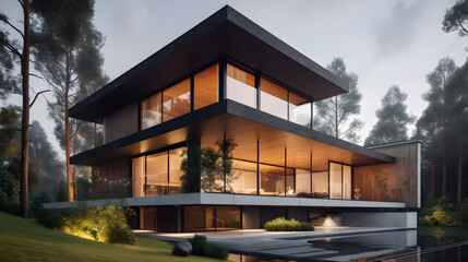 Obraz premium Capture the essence of modern living with this stunning stock photo featuring an elegant house design with a harmonious blend of wood, glass, and concrete, surrounded by a serene natural setting.