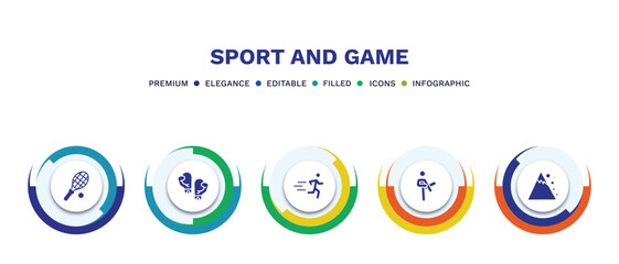 set of sport and game filled icons. sport and game filled icons with infographic template. flat icons such as squash, two boxing gloves, excercise, pencak silat, snow slide zone vector.