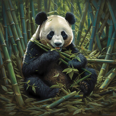 Obraz premium panda sitting and eating bamboo, with green foliage in the background